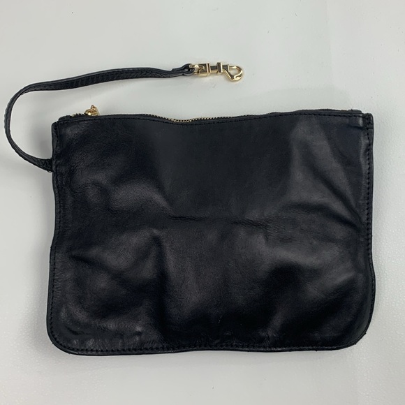 Tory Burch Black Leather Pouch wristlet bag Gold Zip logo and Clip Lined - Picture 1 of 11